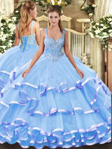 Great Blue Lace Up Quinceanera Dresses Beading and Ruffled Layers Sleeveless Floor Length