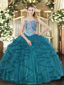 Dramatic Tulle Sweetheart Sleeveless Lace Up Beading and Ruffles Ball Gown Prom Dress in Teal