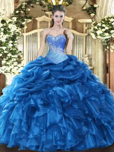 Cheap Blue Ball Gowns Organza Sweetheart Sleeveless Beading and Ruffles and Pick Ups Floor Length Lace Up Quinceanera Gowns