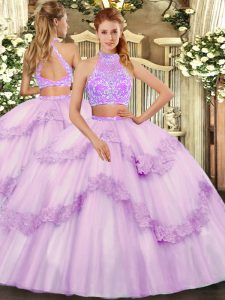 Two Pieces Quinceanera Dress Lavender Sweetheart Tulle Sleeveless Floor Length Criss Cross