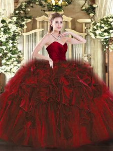 Floor Length Wine Red Quinceanera Gown Organza Sleeveless Ruffles