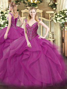Sweet Beading and Ruffles Sweet 16 Dress Lilac Lace Up Sleeveless Floor Length
