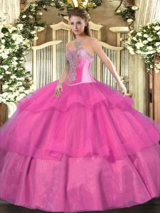 Cheap Floor Length Hot Pink Sweet 16 Dresses Tulle Sleeveless Beading and Ruffled Layers