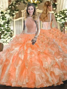 Orange Red High-neck Lace Up Beading and Ruffles Quince Ball Gowns Sleeveless