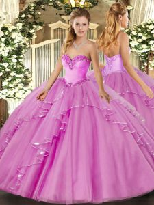 Exquisite Tulle Sweetheart Sleeveless Lace Up Beading and Ruffles Custom Made in Lilac