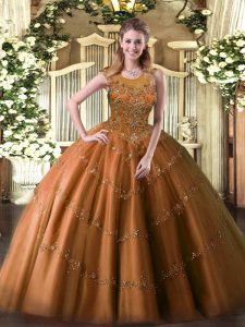 Traditional Scoop Sleeveless 15th Birthday Dress Floor Length Beading and Appliques Rust Red Tulle