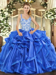 Affordable Sleeveless Floor Length Beading and Ruffles Lace Up Sweet 16 Dress with Blue