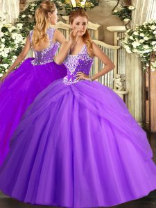 Low Price Straps Sleeveless Quinceanera Dresses Floor Length Beading and Pick Ups Lavender Tulle