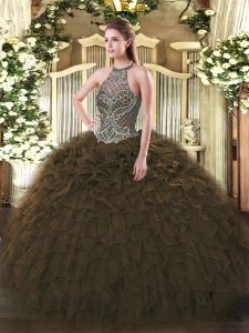 Olive Green Halter Top Neckline Beading and Ruffles Quinceanera Dress Sleeveless Lace Up