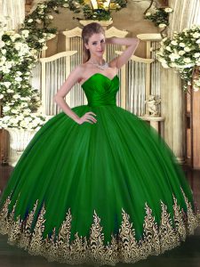 Green Ball Gowns Appliques Quinceanera Dresses Zipper Tulle Sleeveless Floor Length