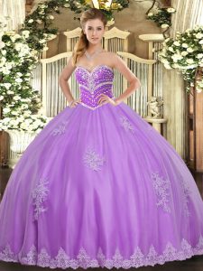 Dazzling Sleeveless Tulle Floor Length Lace Up 15th Birthday Dress in Lavender with Beading and Appliques