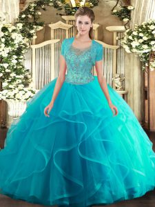 Beautiful Aqua Blue Quince Ball Gowns Military Ball and Sweet 16 and Quinceanera with Beading and Ruffled Layers Scoop Sleeveless Clasp Handle