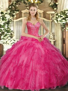 Dazzling Hot Pink V-neck Lace Up Beading and Ruffles Quince Ball Gowns Sleeveless