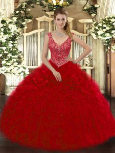 Wine Red V-neck Neckline Beading and Ruffles Quince Ball Gowns Sleeveless Zipper