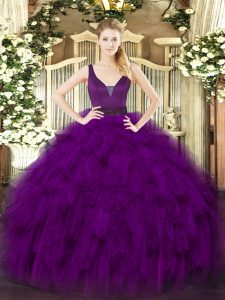 Purple Ball Gowns Straps Sleeveless Organza Floor Length Zipper Beading and Ruffles Quinceanera Dresses