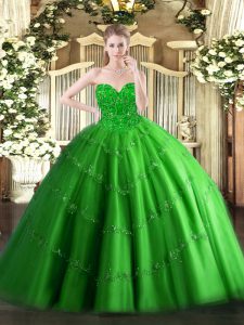 Extravagant Sweetheart Sleeveless Tulle Quince Ball Gowns Appliques Lace Up