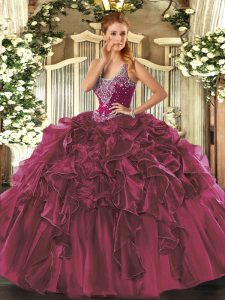 Exceptional Floor Length Ball Gowns Sleeveless Burgundy 15th Birthday Dress Lace Up