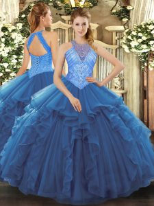 Custom Designed Blue Ball Gowns Beading and Ruffles Ball Gown Prom Dress Lace Up Organza Sleeveless Floor Length