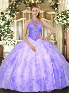 Fantastic Lavender Sleeveless Floor Length Beading and Ruffles Lace Up Party Dresses