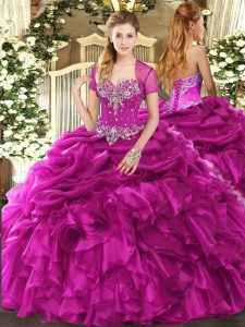 Fancy Sleeveless Organza Floor Length Lace Up 15 Quinceanera Dress in Fuchsia with Beading and Ruffles and Pick Ups
