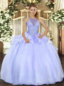 Fashionable Halter Top Sleeveless Lace Up Sweet 16 Quinceanera Dress Blue Organza