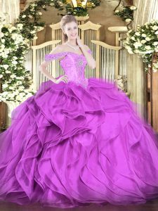 Admirable Lilac Lace Up Quinceanera Dresses Beading and Ruffles Sleeveless Floor Length