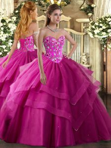 Fuchsia Sweetheart Neckline Embroidery and Ruffled Layers Quinceanera Gown Sleeveless Lace Up