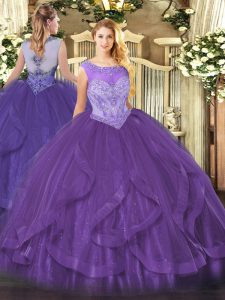 Eggplant Purple Tulle Lace Up Scoop Sleeveless Floor Length Quinceanera Dresses Beading and Ruffles