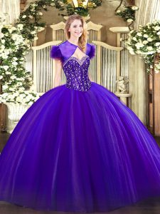 Exceptional Sweetheart Sleeveless Quinceanera Gowns Floor Length Beading Purple Tulle