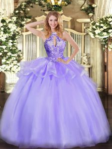 Fitting Lavender 15th Birthday Dress Military Ball and Sweet 16 and Quinceanera with Beading Halter Top Sleeveless Lace Up