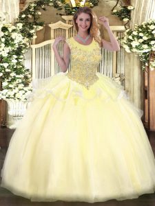Floor Length Zipper 15 Quinceanera Dress Light Yellow for Military Ball and Sweet 16 and Quinceanera with Beading