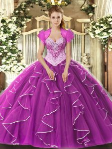 Fuchsia Sleeveless Floor Length Beading Lace Up Sweet 16 Dress