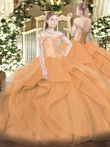 Orange Quinceanera Gown Military Ball and Sweet 16 and Quinceanera with Beading and Ruffles Off The Shoulder Sleeveless Lace Up