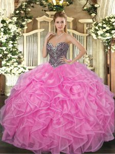 Fabulous Rose Pink Sweet 16 Dresses Military Ball and Sweet 16 and Quinceanera with Beading and Ruffles Sweetheart Sleeveless Lace Up