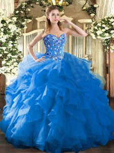 High Quality Floor Length Blue Quinceanera Dresses Organza Sleeveless Embroidery and Ruffles