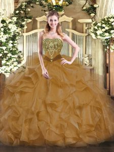 Brown Lace Up Sweet 16 Dresses Beading and Ruffles Sleeveless Floor Length