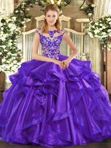 Floor Length Purple Military Ball Gowns Scoop Cap Sleeves Lace Up