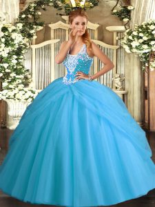 Inexpensive Aqua Blue Straps Neckline Beading and Pick Ups Sweet 16 Quinceanera Dress Sleeveless Lace Up