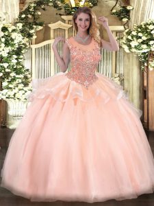 Enchanting Peach Organza Zipper Quince Ball Gowns Sleeveless Floor Length Beading