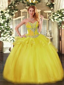 Sleeveless Tulle Floor Length Lace Up Quinceanera Gowns in Gold with Beading