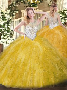Spectacular Scoop Sleeveless Sweet 16 Dresses Floor Length Beading and Ruffles Gold Tulle