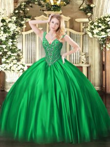 Floor Length Green Quinceanera Dress V-neck Sleeveless Lace Up