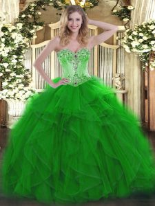 Fine Green Sleeveless Floor Length Beading and Ruffles Lace Up 15th Birthday Dress