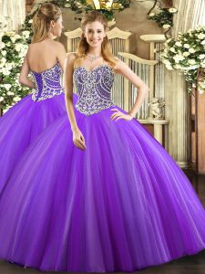 Unique Lavender Sweetheart Neckline Beading Quince Ball Gowns Sleeveless Lace Up