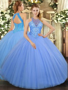 Light Blue Tulle Lace Up Vestidos de Quinceanera Sleeveless Floor Length Beading