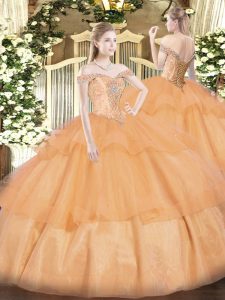 Custom Made Off The Shoulder Sleeveless Organza Sweet 16 Dress Beading and Ruffled Layers Lace Up
