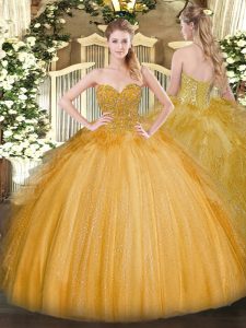 Latest Gold Ball Gowns Lace Vestidos de Quinceanera Lace Up Tulle Sleeveless Floor Length