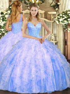 Tulle V-neck Sleeveless Lace Up Beading and Ruffles Quinceanera Gowns in Light Blue