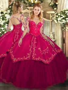 Long Sleeves Floor Length Lace and Embroidery Lace Up Quinceanera Dress with Wine Red