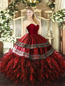 Glamorous Ball Gowns Military Ball Gowns Wine Red Sweetheart Organza and Taffeta Sleeveless Floor Length Zipper
